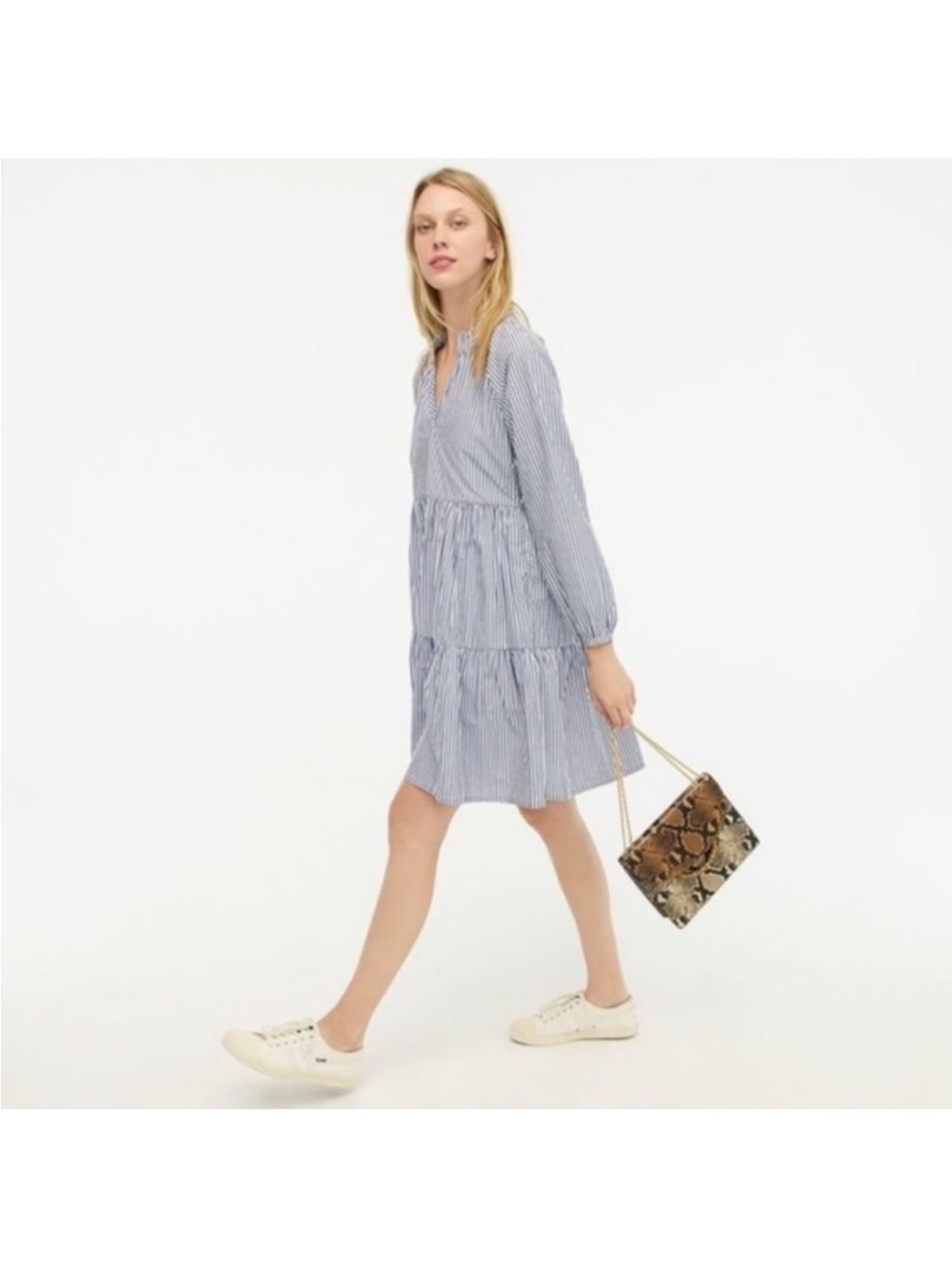 J. Crew Blue and White Striped Tiered Mini Dress